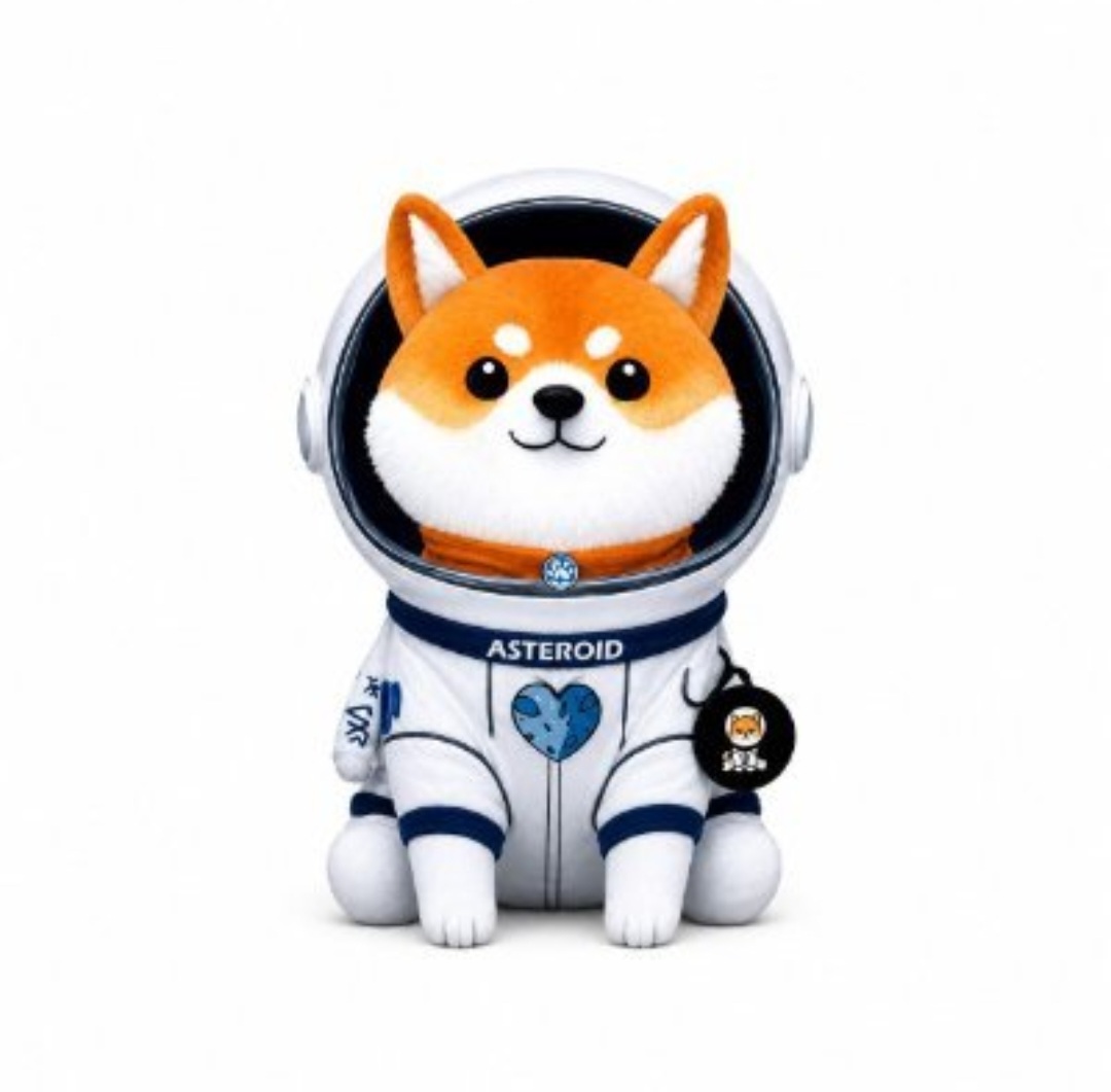 Asteroid Shiba Inu astronaut plush mascot in a white ASTEROID spacesuit